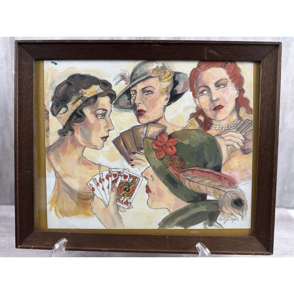 Vintage Art Deco Flapper Women Card Players Fashion Illustration Framed 17x12.5